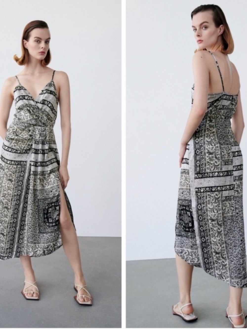 ZARA Spaghetti Strap Printed Midi Dress in Black and White